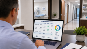 Healthcare equipment financing project budget with equipment, installation, training, staffing, and working capital.